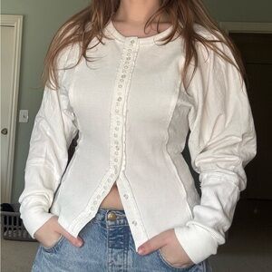 Free People Cream Button-Front Ribbed Long Sleeve Top